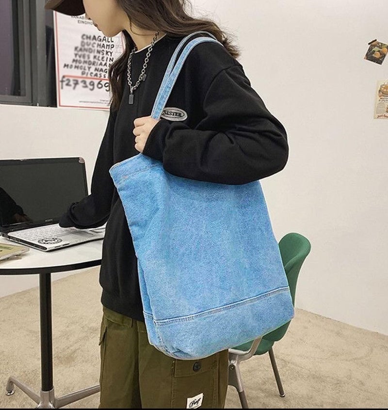 YunZh Canvas Bag Denim Tote Shoulder Handbag Shopping Travel Pockets Reusable Grocery Bags - Image 5